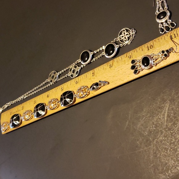 Black and Silver-Tone Three Piece Jewelry Set (Earrings, Bracelet, Necklace) - Picture 5 of 6